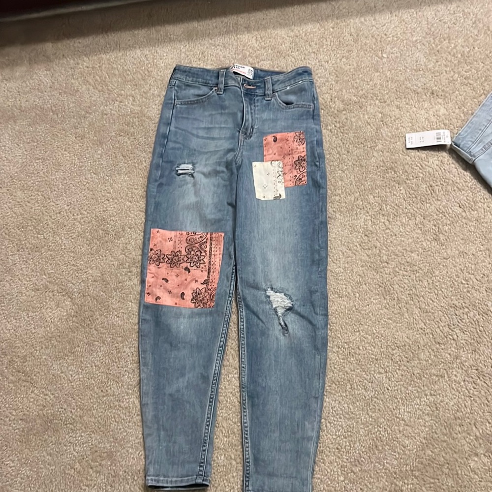 Cute pink and white bandanna mom jeans